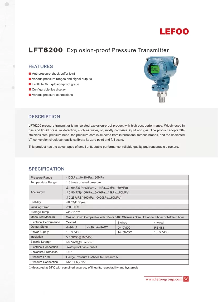 LEFOO LFT6200 Explosion-proof Pressure Transmitter